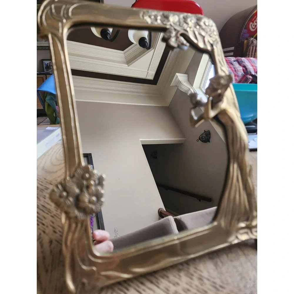Vintage Lady Mirror Art Deco Nouveau Brass Vanity Table Top Mirror 9.5X12 Flower